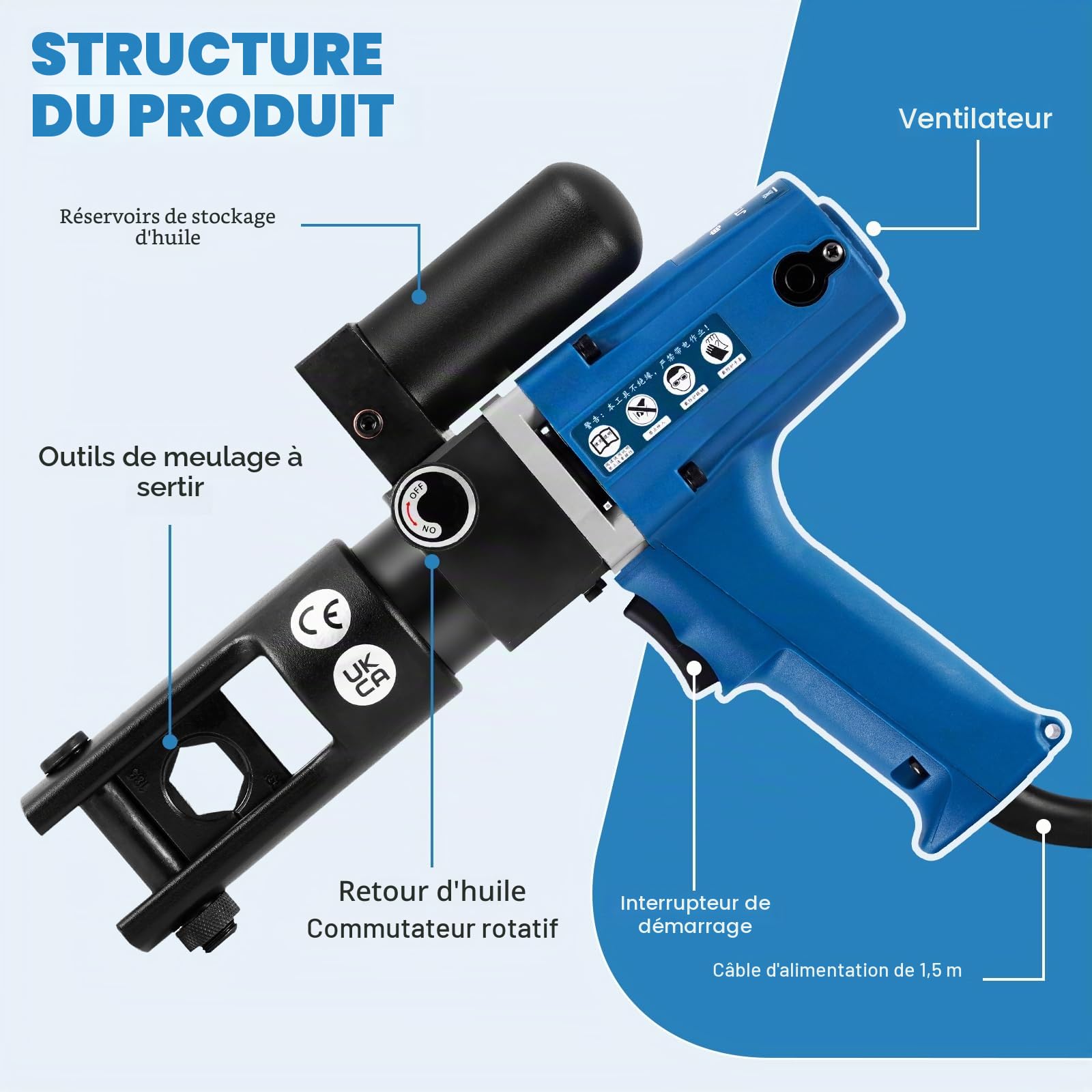 MXBAOHENG Pince hydraulique électrique 4-300 mm² 120 KN Pince à sertir hydraulique électrique avec 15 embouts de sertissage pour cosses en cuivre et aluminium
