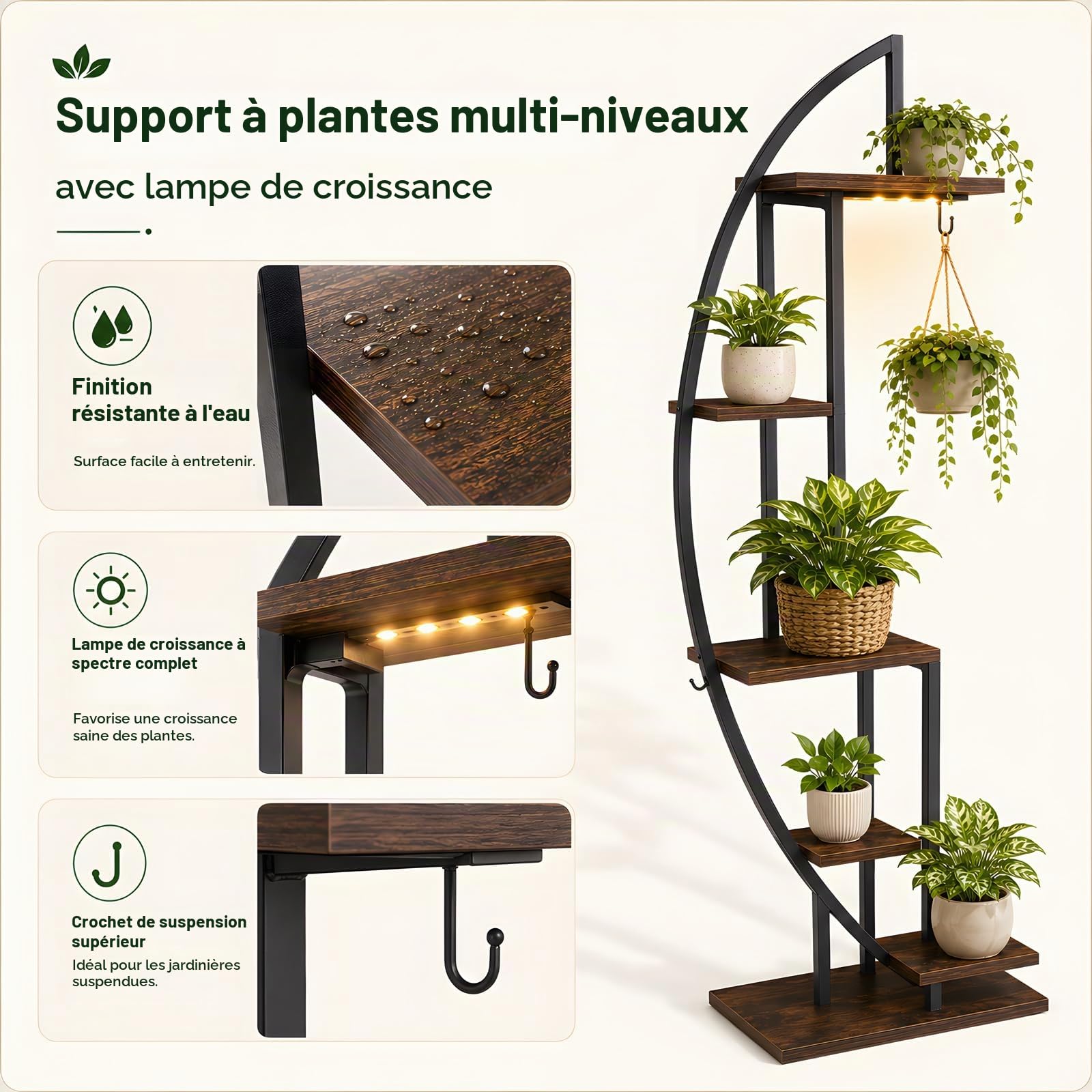 Étagère d'angle Industrielle avec Lumière LED Plantes – Meuble d'angle Gain de Place Étroit, Bibliothèque Demi-Lune Bois et Métal pour Coin Salon, Entrée ou Chambre, Hauteur 160 cm