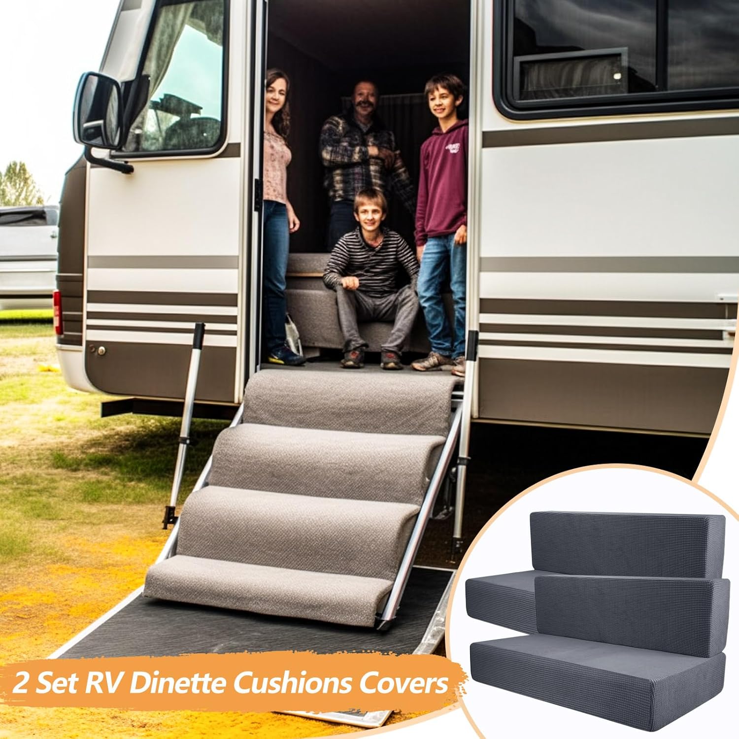 2 Set Grey RV Dinette Cushion Cover,Washable Elastic Cushion Slipcovers Stretchable RV Sofa Cover-Loveseat Sofa Furniture Protector for RV Camper Car Bench Seats,2 Backrest Cover 2 Bench Cover
