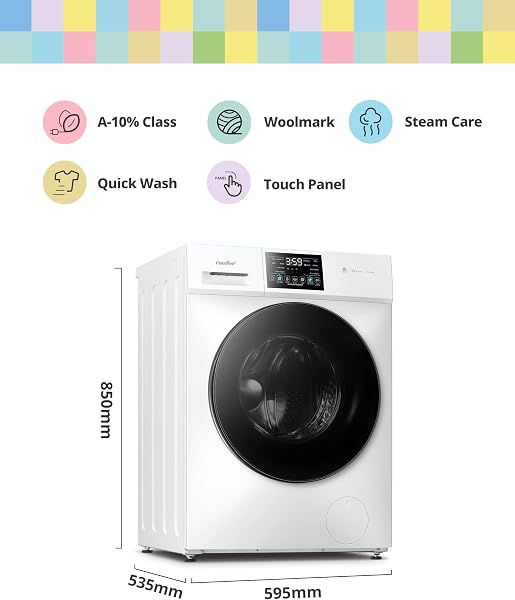 COMFEE' Freestanding Washing Machine,10KG Load,A-10% Class, 1400RPM, Steam Care,BLDC Motor,Woolmark,Touch Panel,White-CFP03EW100W-UK - 2