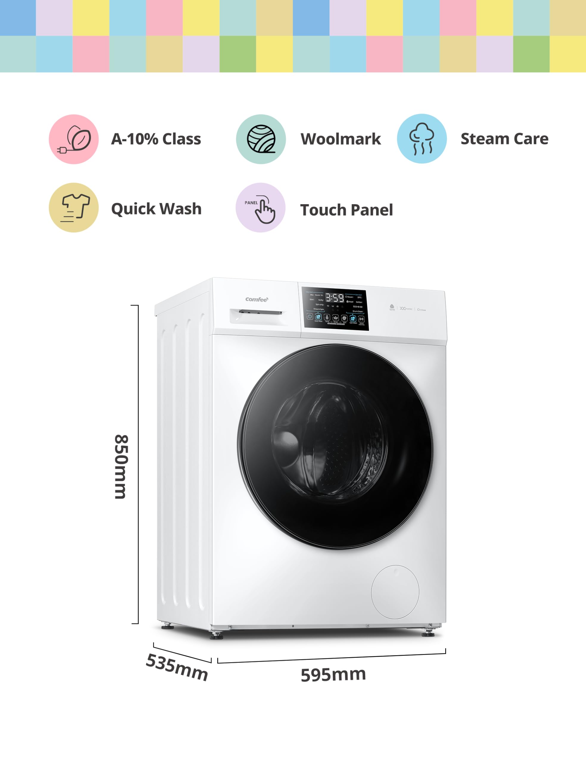 COMFEE' Freestanding Washing Machine,10KG Load,A-10% Class, 1400RPM, Steam Care,BLDC Motor,Woolmark,Touch Panel,White-CFP03EW100W-UK - 3