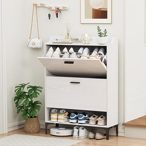 Vista 33 de Gadroad Armario de almacenamiento de zapatos con 2 cajones abatibles, organizador de zapatos oculto independiente con patas de madera, zapatero