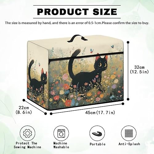 Miniatura 212 de Mumeson Cubierta antipolvo para máquina de coser de gatos negros con flores, para la mayoría de máquinas de coser estándar, plegable, duradera