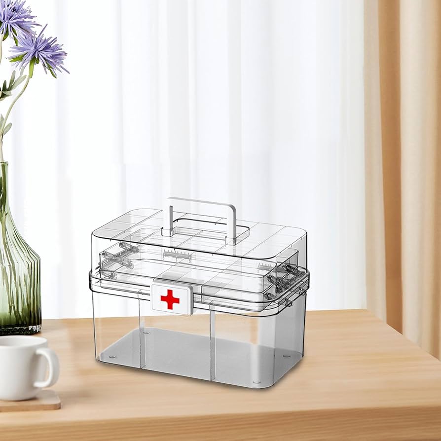 Caja De Almacenamiento De Medicamentos De 3 Capas - Botiquín Con Tapa Y Asas, Organizador Transparente Para Hogar (34x22x24.5 Cm)