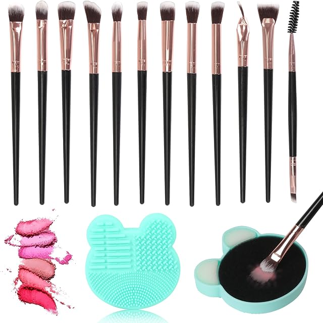 Unaone Eye Makeup Brushes, 12PCS Makeup Brushes Set Professional, Premium Synthetic Makeup Brush with 1 Wet & Dry Makeup Brush Cleaning Mat for Eyeshadow, Eyebrow, Eyeliner, Blending (Black)