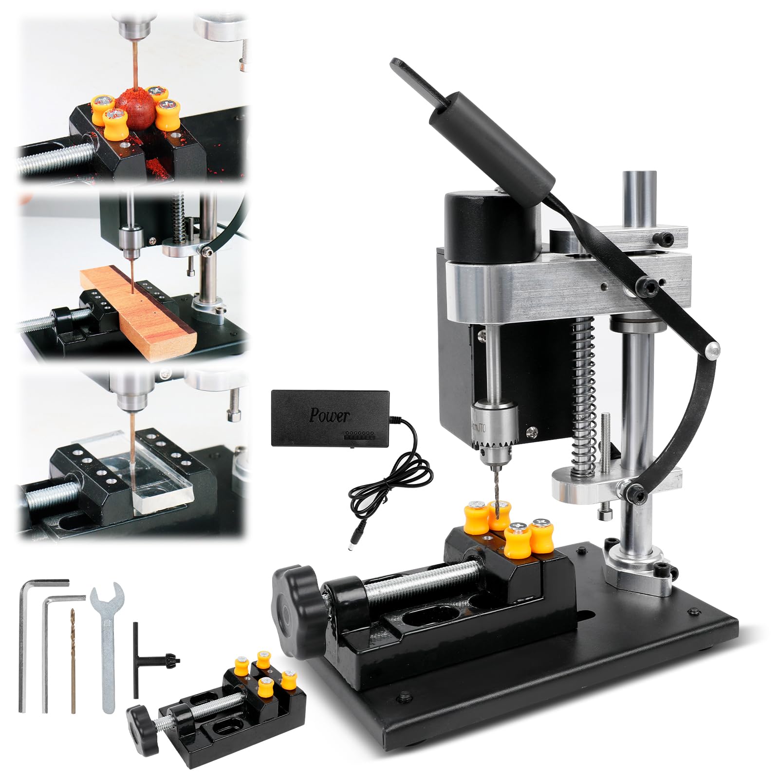 Mini Taladro de Columna, Taladro de banco de 200 W con 7 velocidades, carrera de perforación 50 mm, motor 795 y 0,3-4 mm portabrocas, taladro de mesa de 10000 rpm con tornillo de banco, enchufe UE