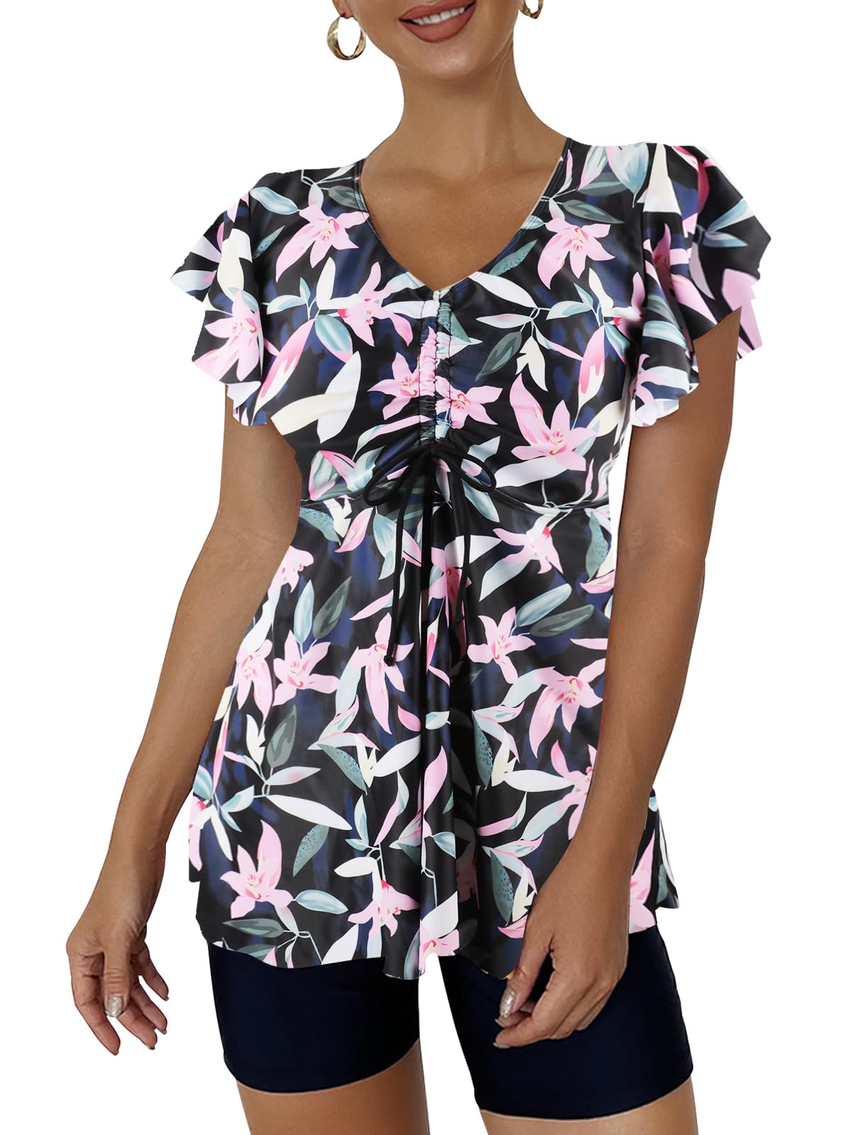 Ecupper Maillot de Bain Femme 2 Pieces Push Up Tankini Set Taille Haute Shorty Col en V Maillot de Bain à Volants