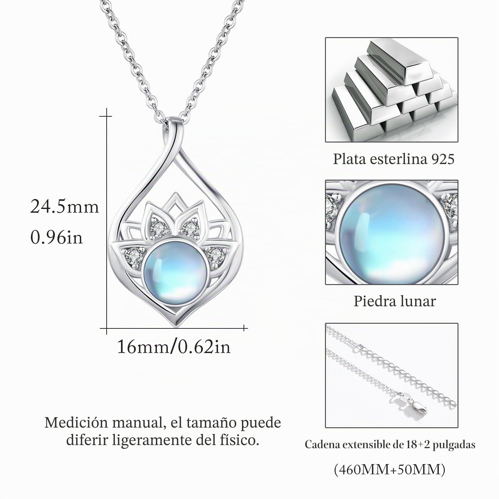 OHAYOO Collar con colgante de piedra lunar de loto, plata de ley 925, colgante de flor de loto, joyería de cumpleaños, día de la madre, regalo para mujeres, amantes del yoga, Plata esterlina, Piedra