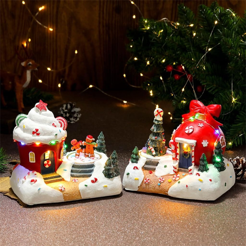 Holiday Seasonal Musical House Resin Ornament with Colorful LED Light Christmas Rotating Figurines Statue Desktop Decors, Type a