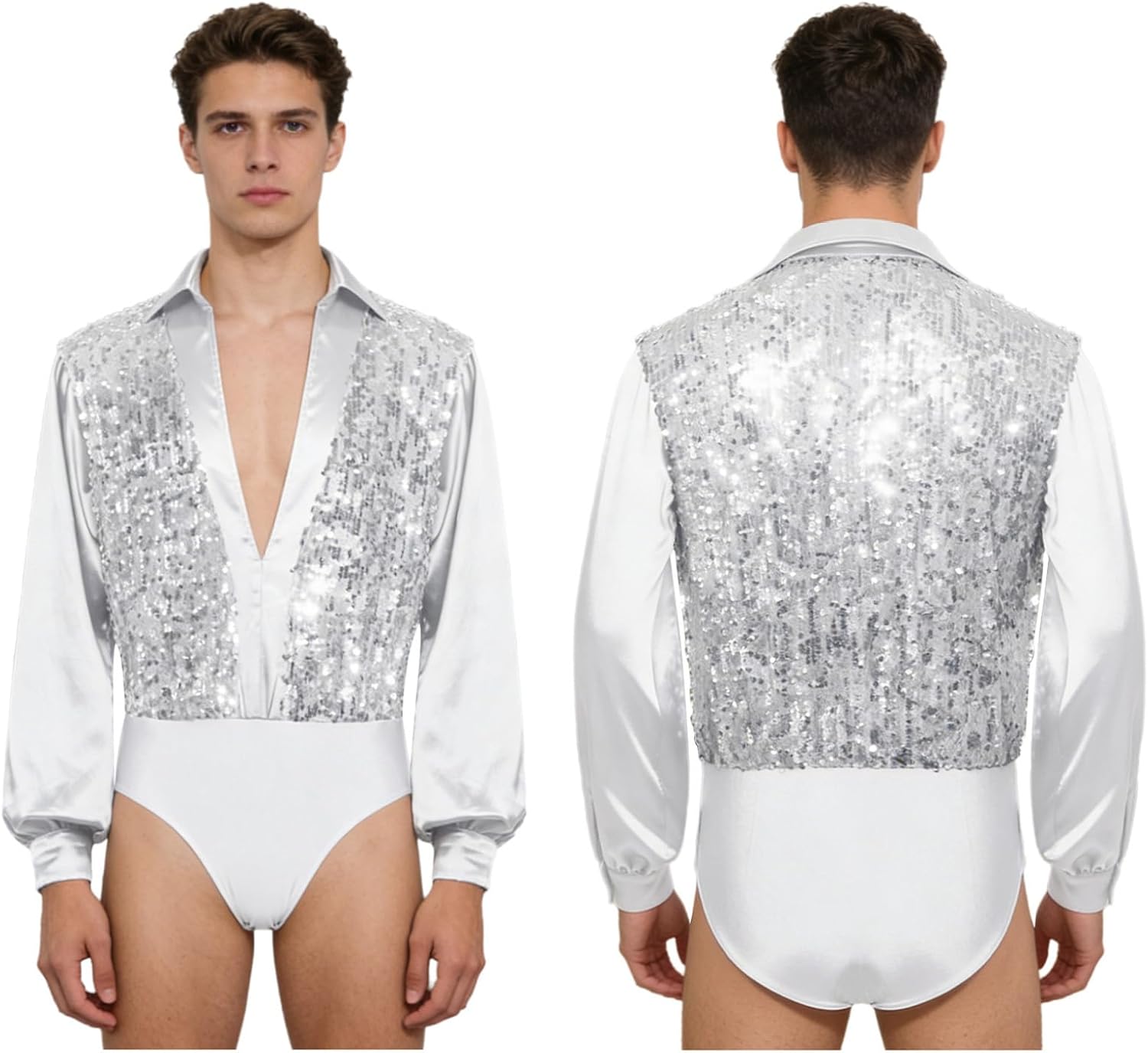 Hularka Men's Glittery Sequin Latin Dance Leotard Shirt Long Sleeves Buttoned Crotch Ballet Leotard Gymnastics Bodysuit