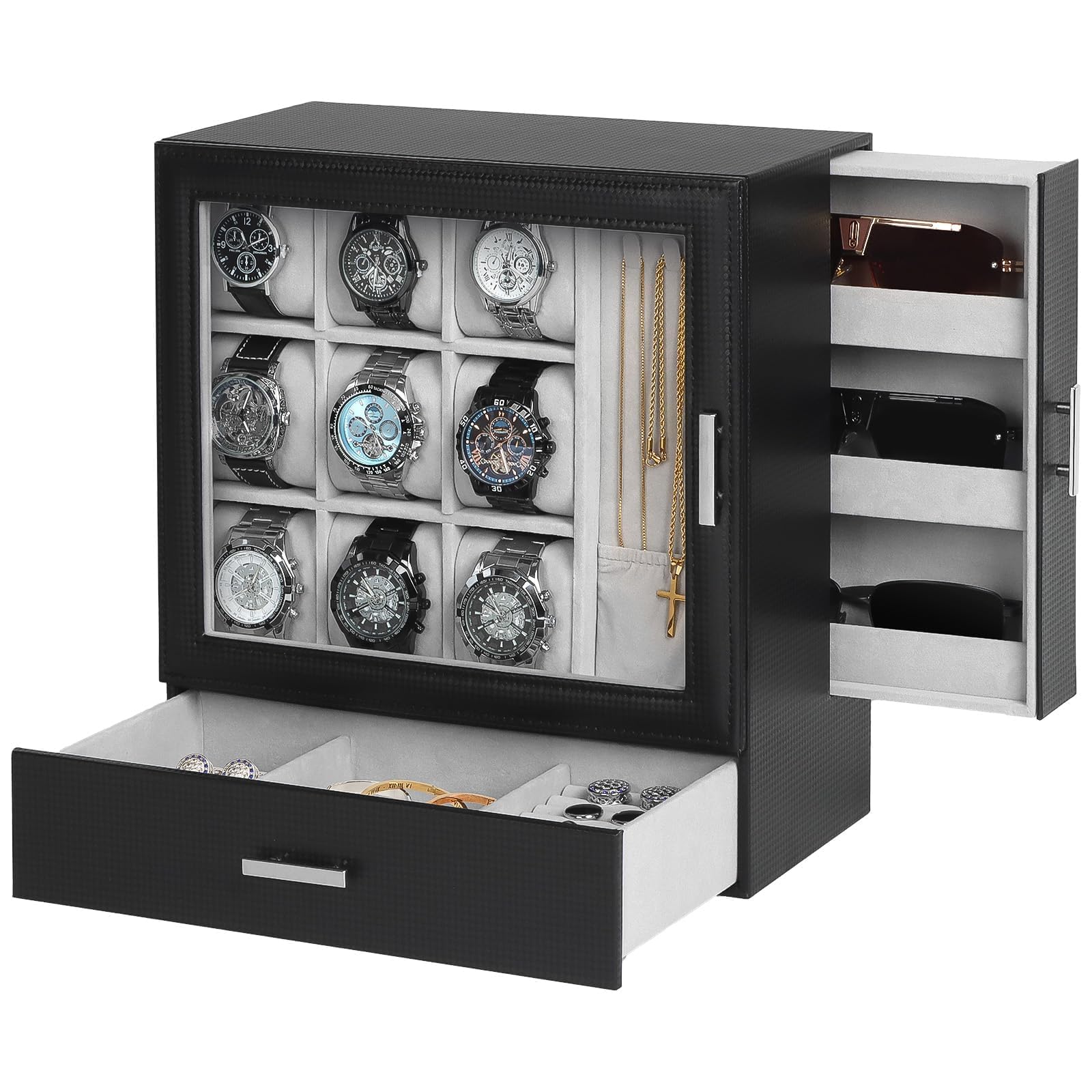 Vitrina de reloj de 9 ranuras con pantalla para collar, joyero de alta gama para hombres con cajón, caja de reloj de pie para hombres con tapa transparente, caja de reloj para gafas de sol
