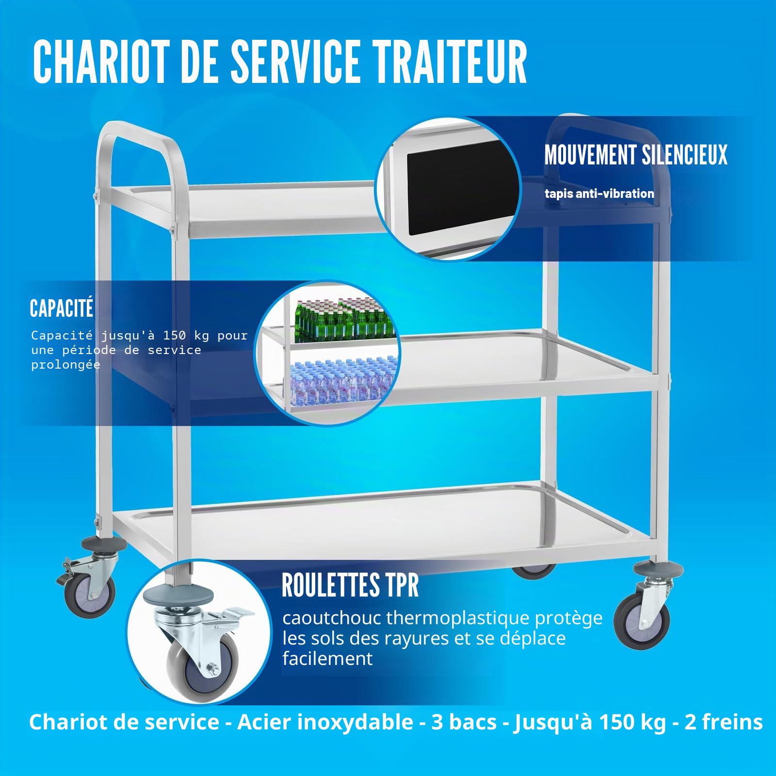 Royal Catering Chariot de Service INOX Desserte Cuisine à roulettes RCSW-6.2 (3 Étagères, Distance 28,5 cm, Charge Statique Max. 500 kg, Acier Inoxydable)