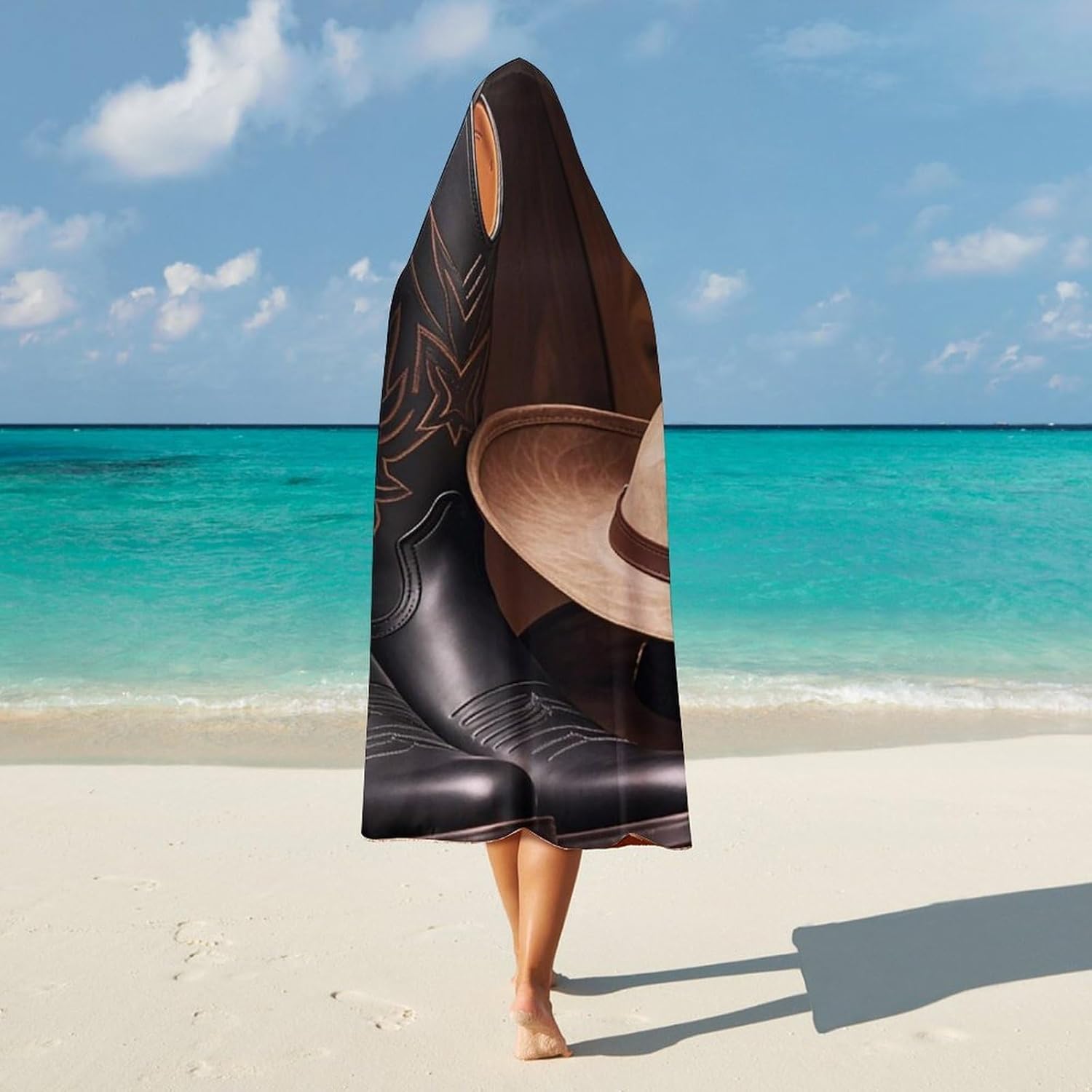 Cowboy Black Hat Western Boots Wearable Fleece Blanket with Hood for Men & Women Oversized Hoodie Blanket Soft Cozy Gift-