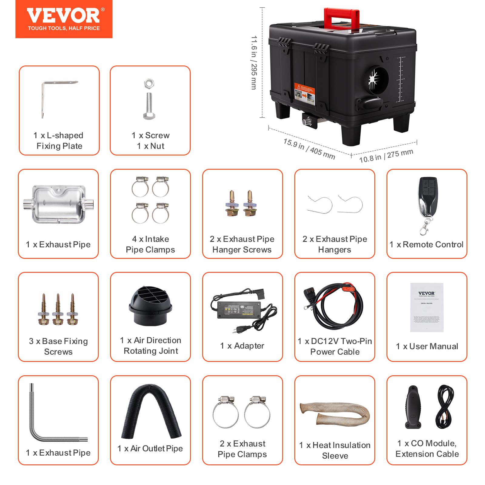 VEVOR Calentador Diésel Portátil de 8 kW Todo en Uno de 12 V/24 V, con Control por Aplicación Bluetooth, Control Remoto y Pantalla de Visualización, Alarma de CO, para Vehículos y Garajes, Negro