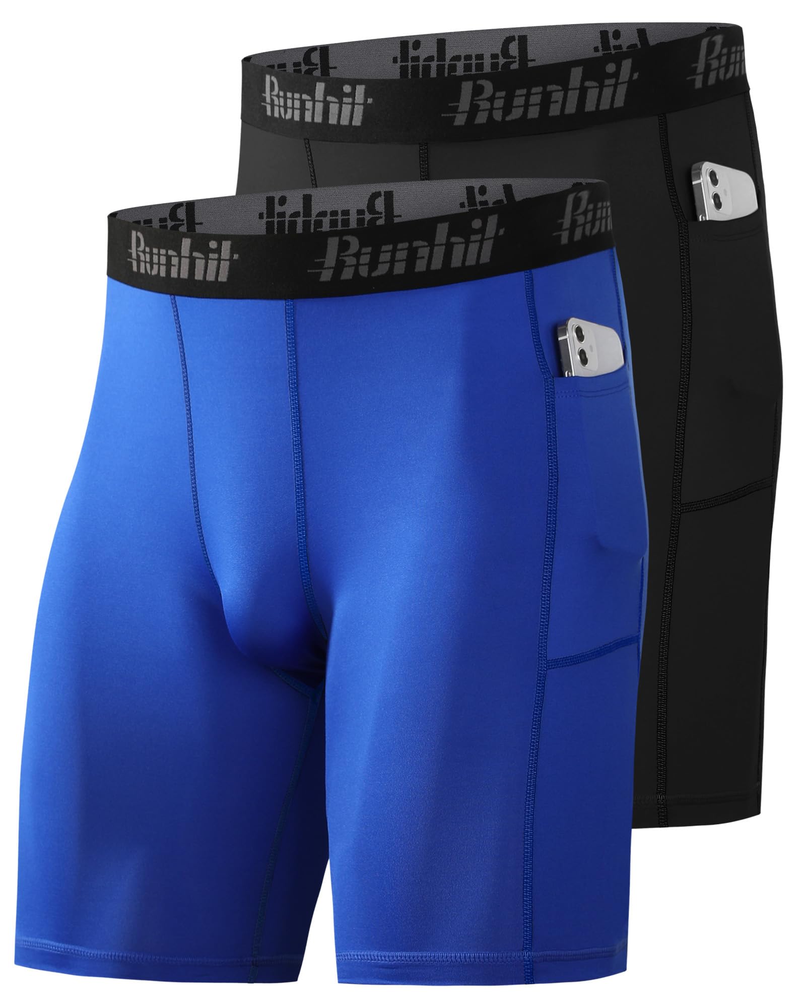 Runhit 1 oder 2 Pack Herren Kompressionsshorts - Base Layer Schnelltrocknende Fußball Unterziehhose Laufhose Atmungsaktive Radlerhose Männer Kompressionshose Tights Kurz mit Handytasche