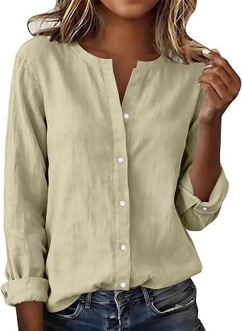 Womens Button Down Shirts Casual Long Sleeve Cotton Linen Tops Relaxed Fit Lightweight Crewneck Gauze Blouses