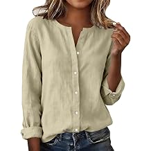 Womens Button Down Shirts Casual Long Sleeve Cotton Linen Tops Relaxed Fit Lightweight Crewneck Gauze Blouses
