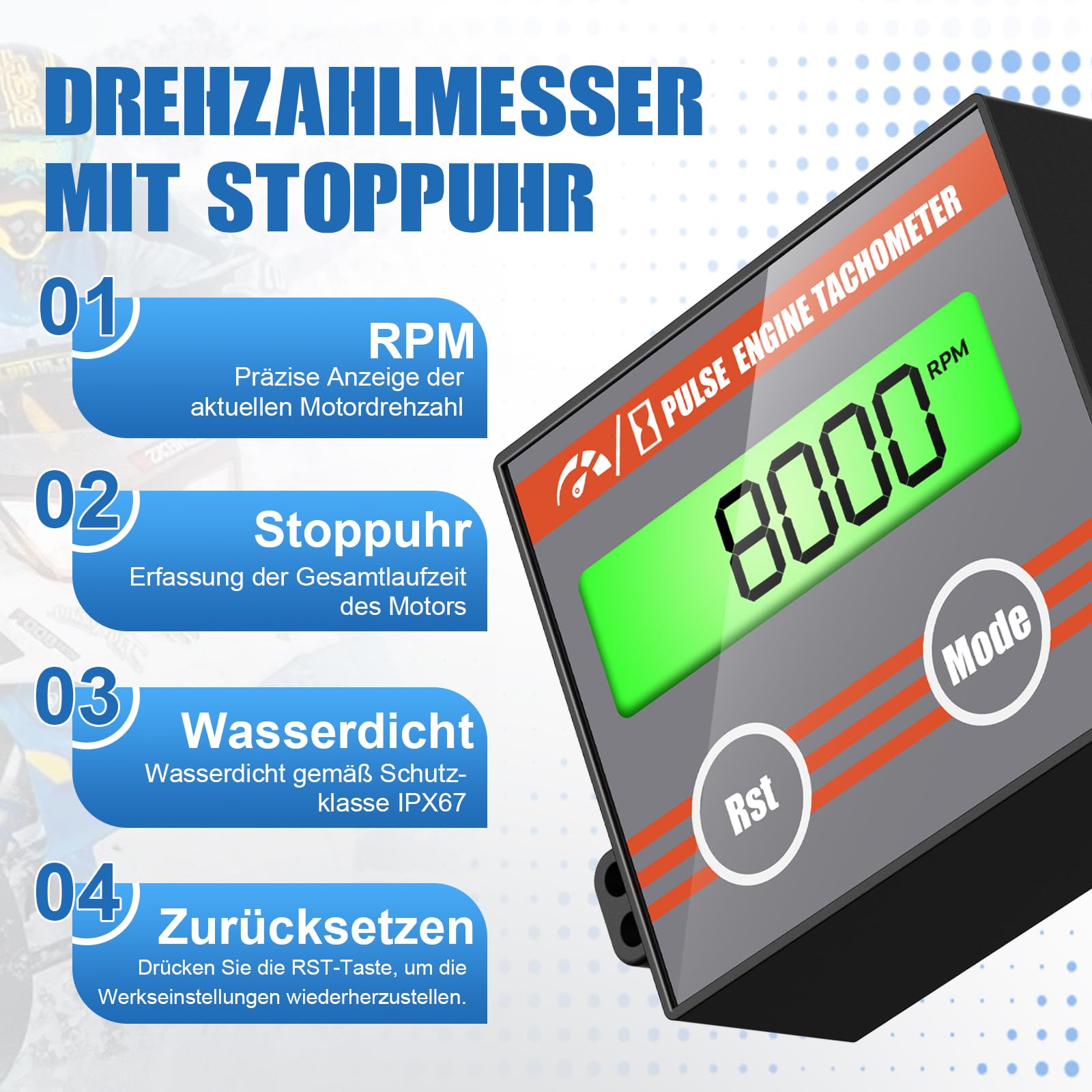 Drehzahlmesser, Drehzahlmesser Motorsäge mit ，Digitaler-Drehzahlmesser mit Hintergrundbeleuchtung，Für 2/4-Takt-Motoren ，Kettensägen, Rasenmäher, Motorräder und Benzinmotoren，mit Zeitmessfunktion