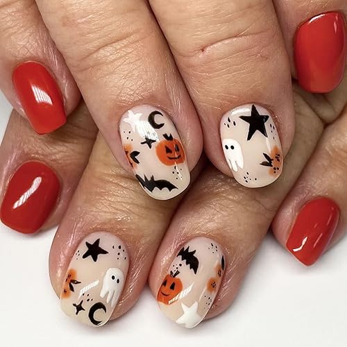 Uñas cortas a presión para Halloween, cuadradas, con pegamento, para blanquear, uñas acrílicas rojas y naranjas, elegantes con estrellas,