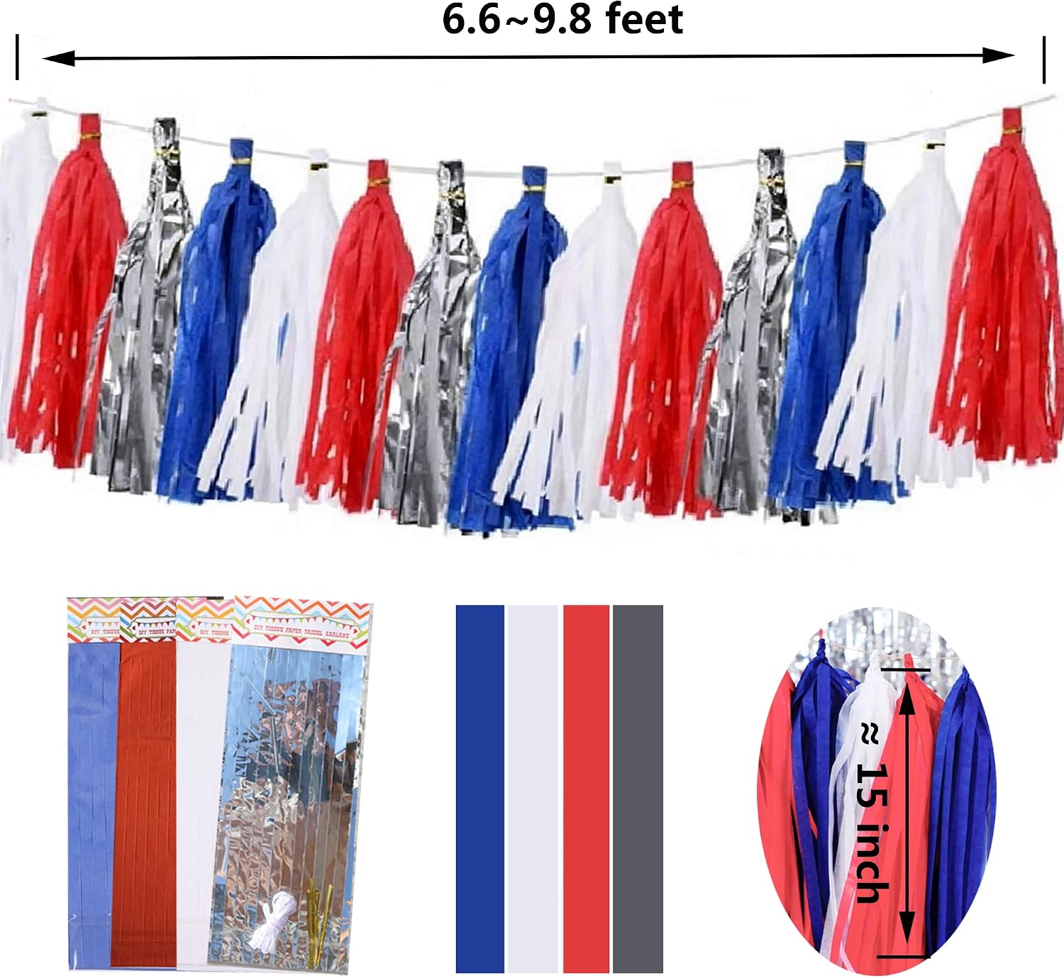 20 pcs DIY Paper Tassel Tinsel Foil Tassel Party Garland, Silver/Red/White/Blue, Fringe Garland Banner for Independence Day, Wedding, Baby Shower, Birthday, Graduation Decorations(Ind Blue)