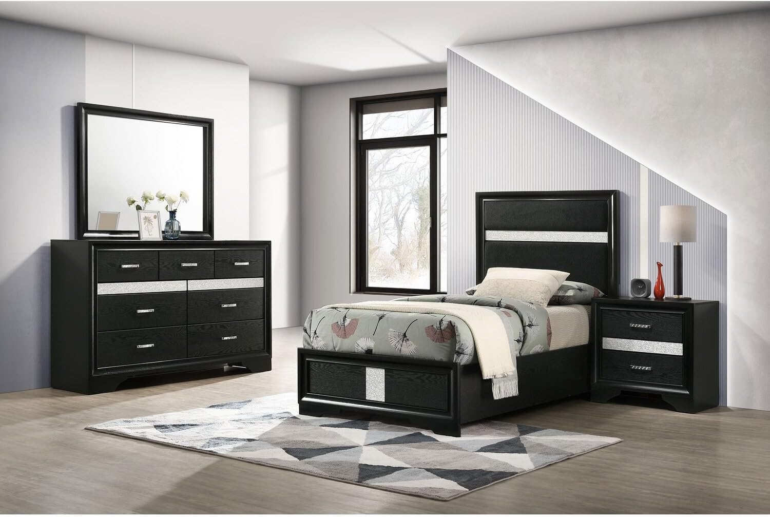 HomeStock Twin Bedroom Set, 4-Piece Modern Black Finish Bed Set