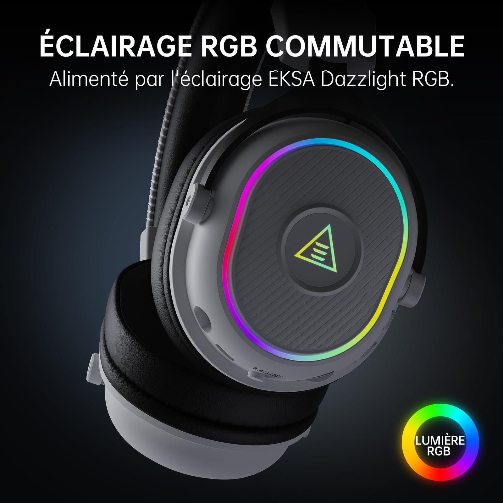 EKSA Casque Gaming sans Fil, 2,4 GHz Casque Gamer pour PS5/PS4/PC/Switch/Mac, Casque Bluetooth 5.3 avec Microphone, Latence de 30MS, Durée D'utilisation Maximale 80H, RVB, USB&USB-C,Blanc