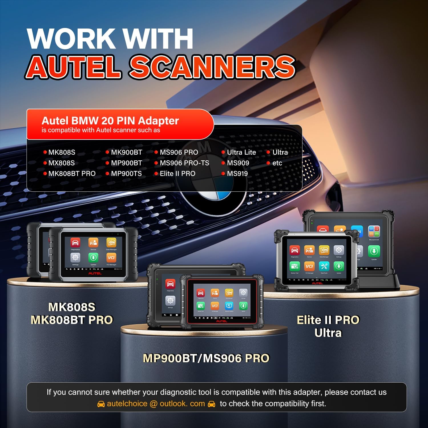 Steps for connecting the Autel 20-Pin to 16-Pin OBD2 adapter cable