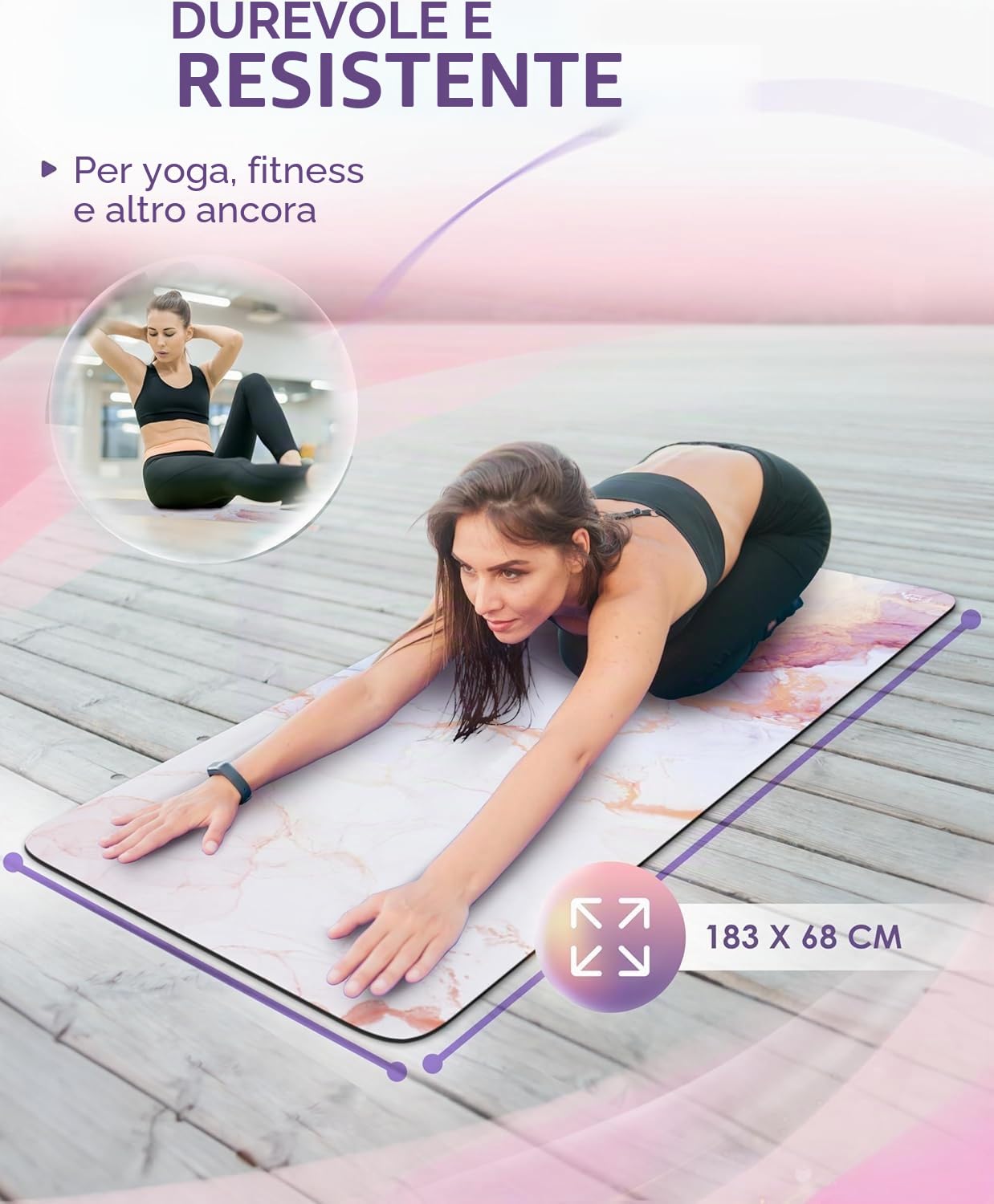 Tappetino fitness in gomma naturale ecologica e antiscivolo con design e tracolla – Tappetino da ginnastica 183 cm x 68 cm x 4 mm