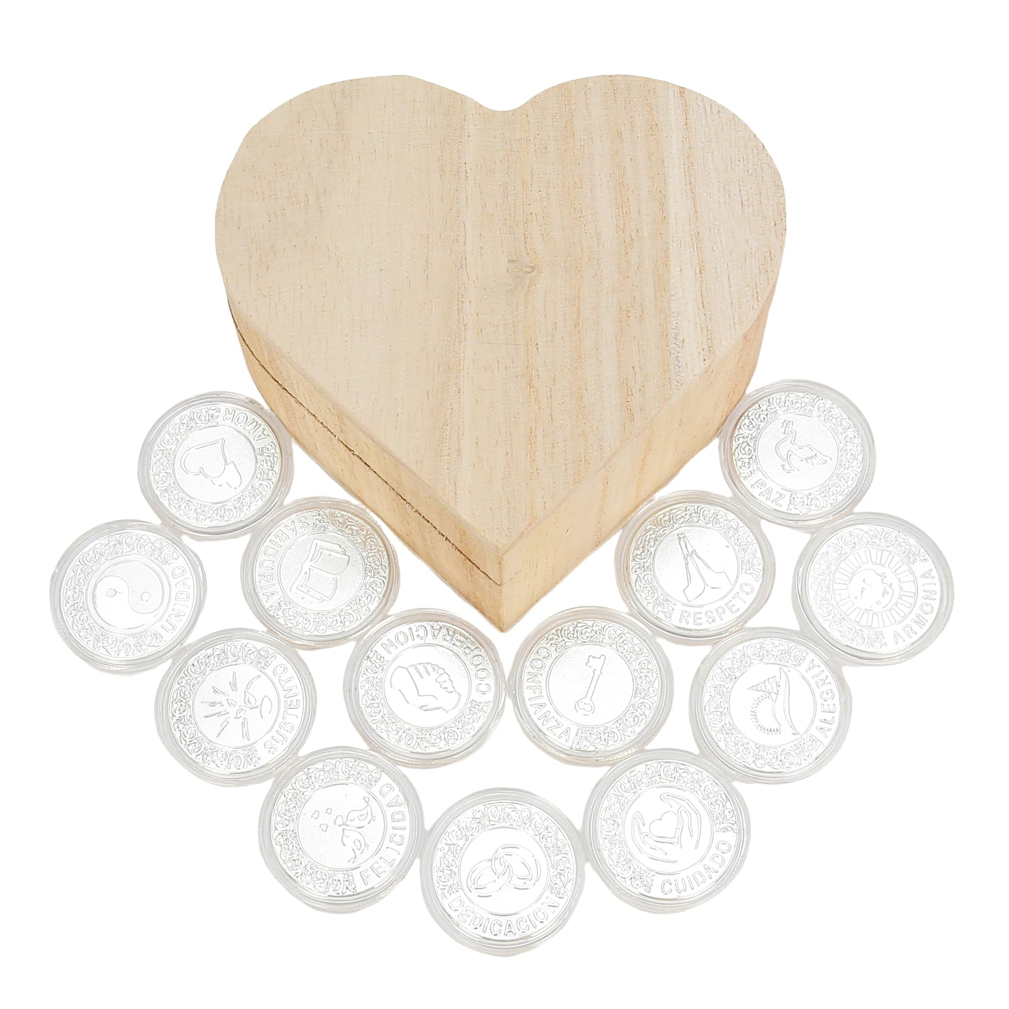TINGKU Arras de Boda Catolica Set de monedas de boda - 13 monedas de unidad de plata para la ceremonia de boda católica, elegantes Recuerdos Para Boda con caja de madera en forma de corazón