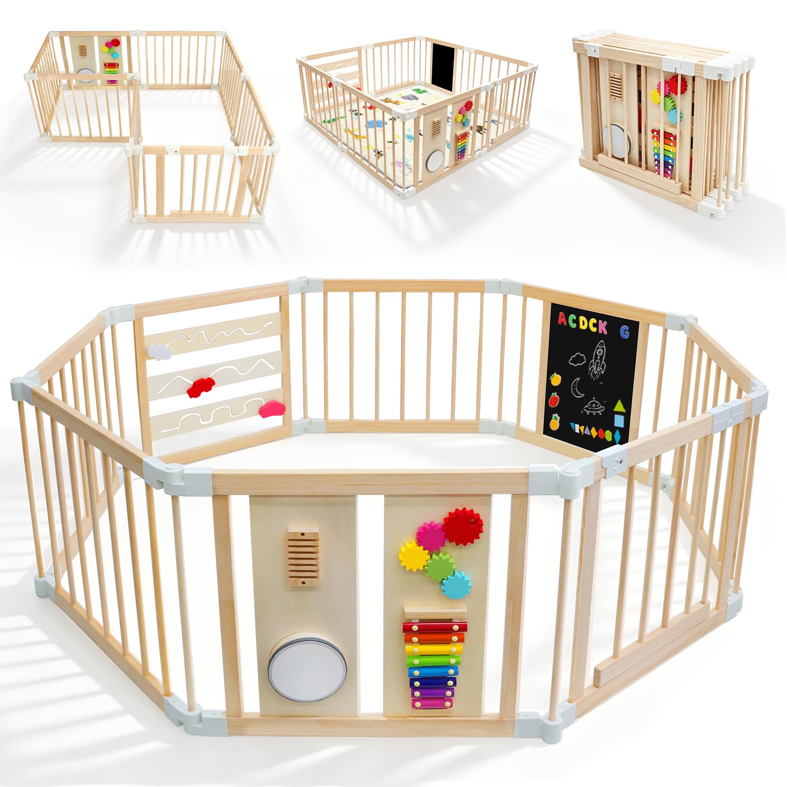Laufstall Baby Faltbar mit Matratze&Spielplatte | 8 Stück, 150x150x60CM, Verstellbare Größe&Form, Indoor Spielplatz mit Montessori Spielplatte&Bälle, Babys Kleinkinder, Natur