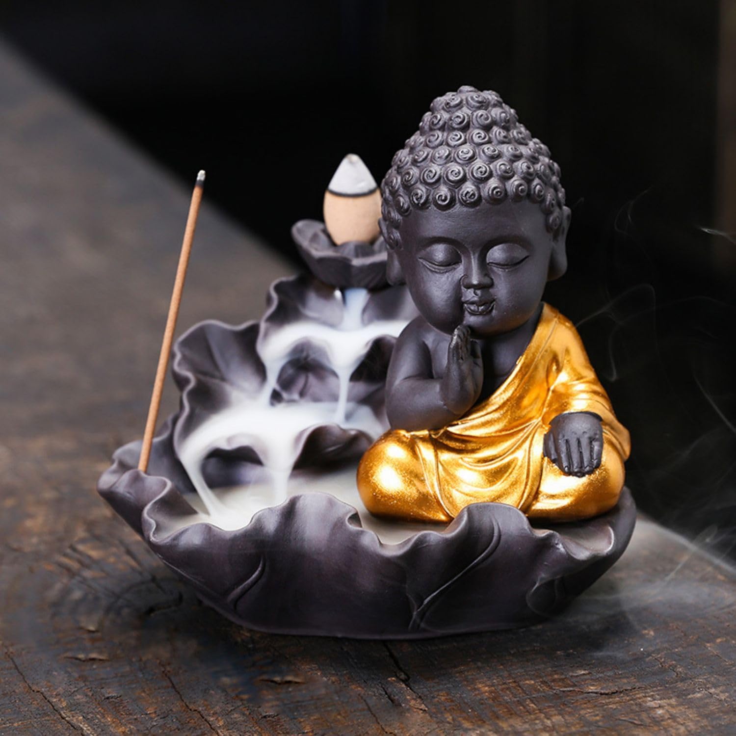Home Decoration,紫砂荷叶倒流 Incense Burner Stick 家居摆件 创意荷花描金如来倒流香炉 Incense Holder,-12157