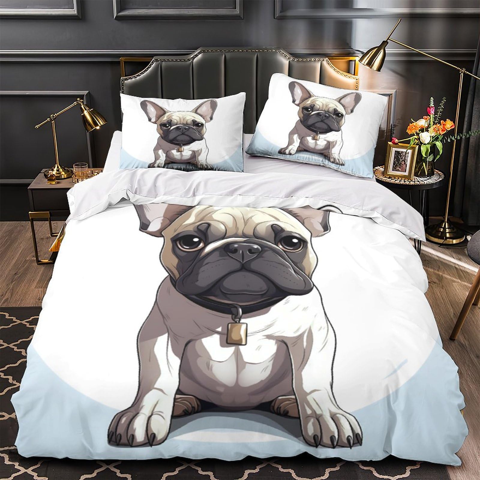 Housse de couette bouledogue français respirante et anti-plis 200x200