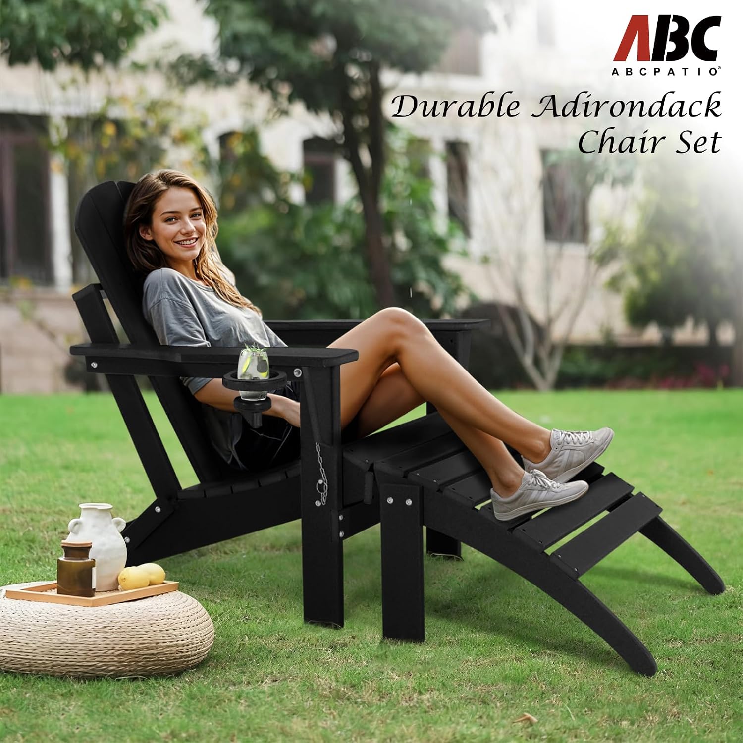 Adirondack Chair with Ottoman | Folding | Outdoor Patio Chair with Removable Footrest | HDPE Plastic All-Weather Resistant | Cup Holder | for Backyard and Garden | Matte Black
