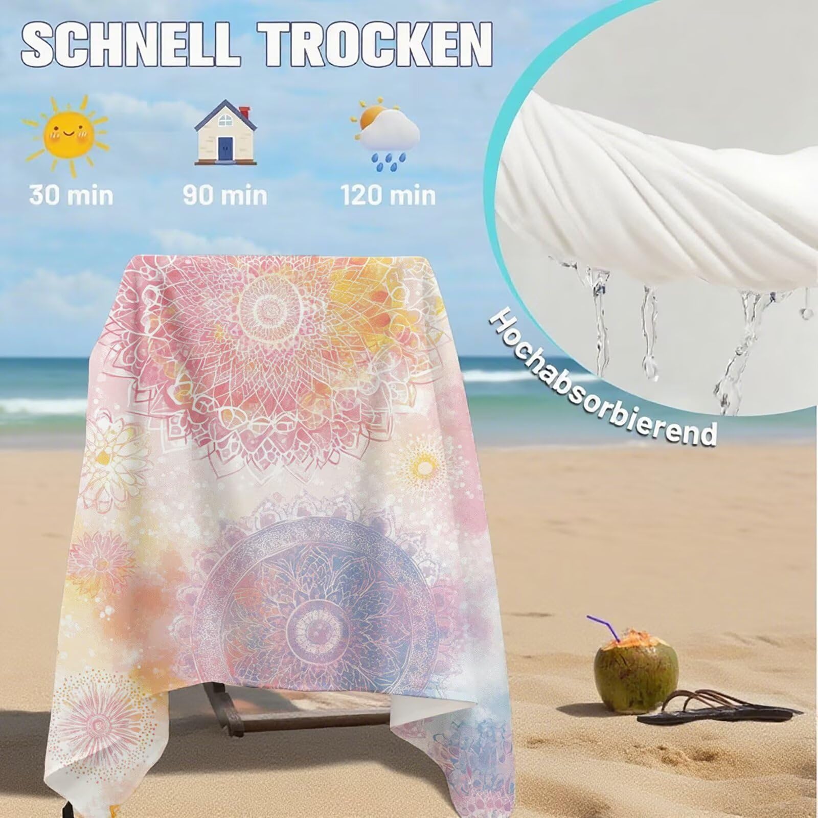 Serviette Plage Frais Motif, Serviette de Plage XXL 90x180 cm avec Sac, Serviettes de Bain Microfibre Séchage Rapide Anti-Sable Absorbante Fonction pour Bain, Sport, Voyages, Sauna, Piscine Q-970
