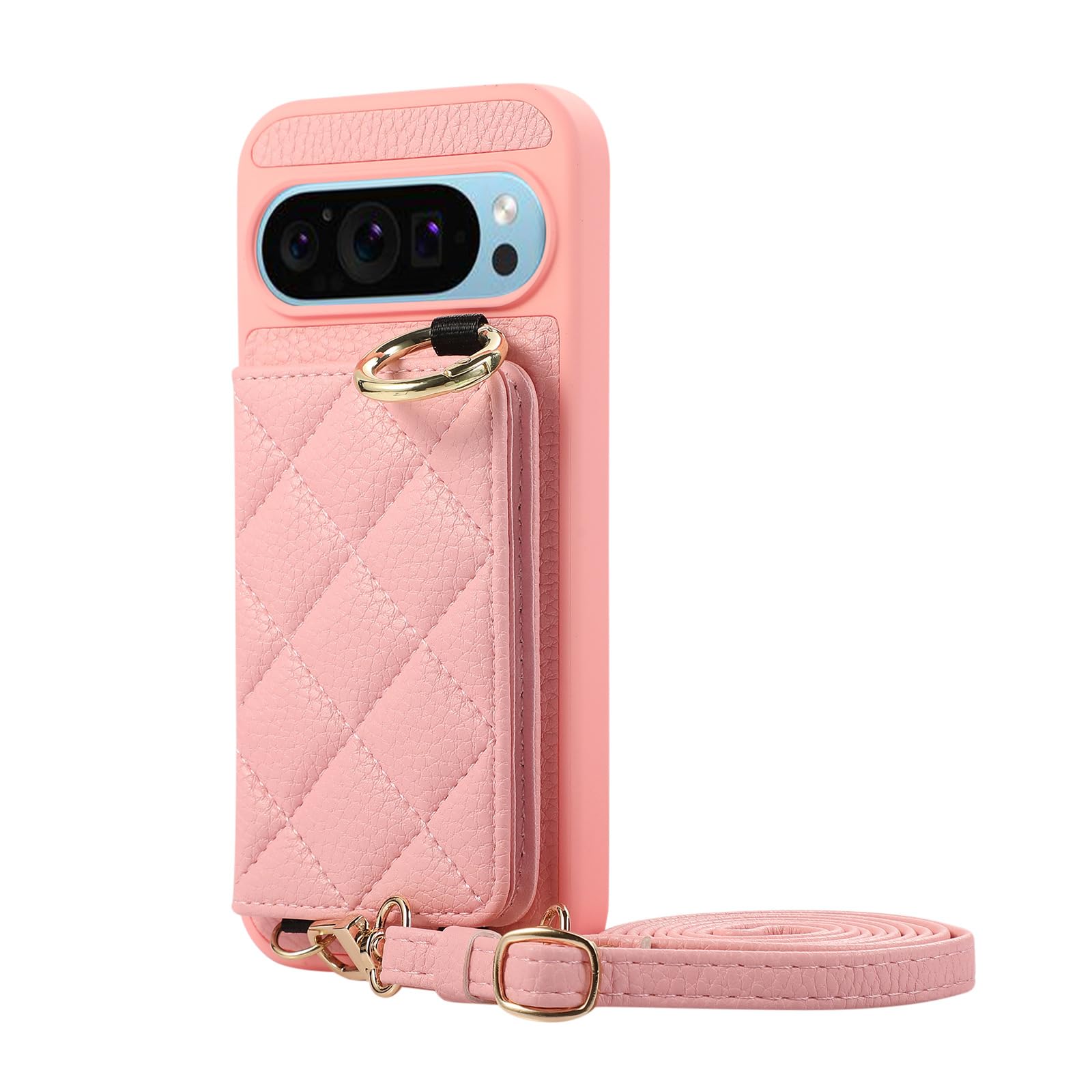 Etui na telefon komórkowy ze skóry do Google Pixel 10 Pro XL/10 Pro/10, portmonetka gniazdo na karty stojak etui lustrzane pasek na ramię etui ochronne, różowe, 10Pro XL