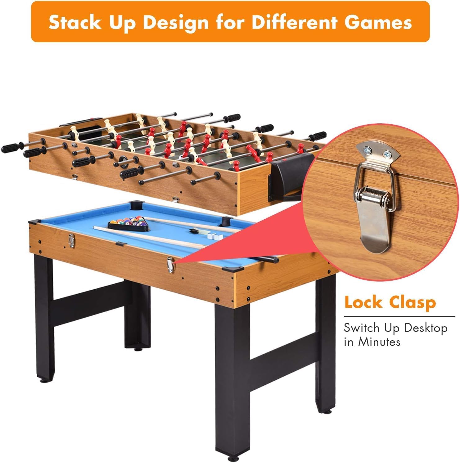 HOMGX 48" 3-in-1 Game Table, Wooden Game Table w/Football, Hockey, and Billiards, Game Size Combination Game Table for Parties, Family Nights, and Game Rooms