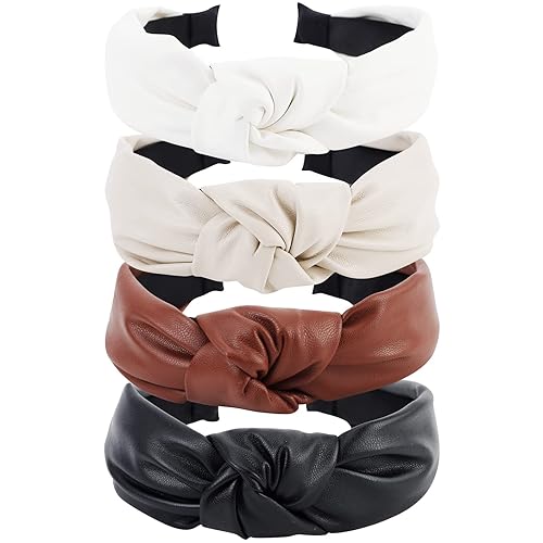 Miniatura 8 de YISSION 4 diademas anudadas para mujeres y niñas diadema de cuero antideslizante banda ancha para la cabeza de moda diadema con nudo superior para
