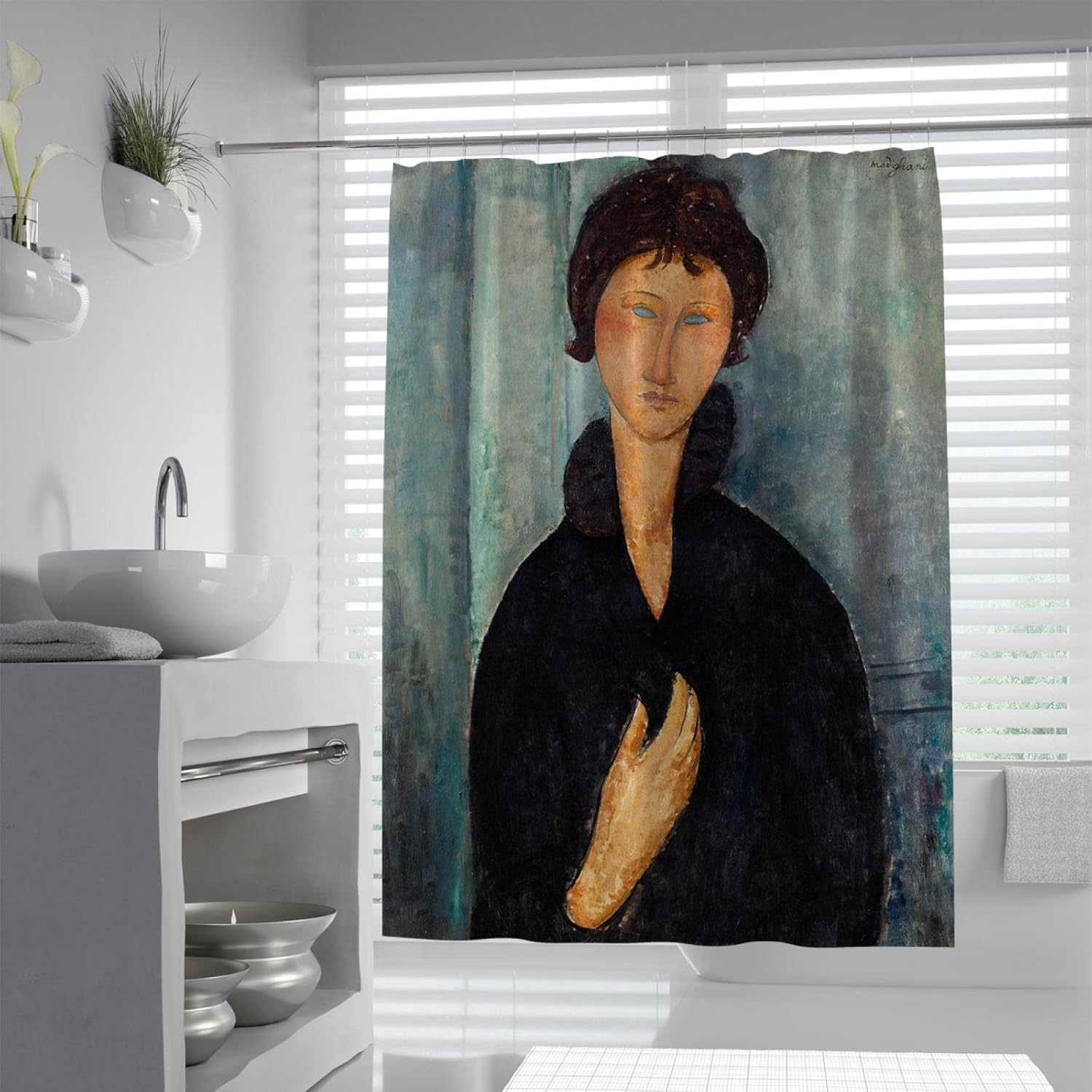 Woman Portrait Shower Curtain Liner Amedeo Modigliani Black Clothes Girl Bath Curtain with Hooks for Hotel Decor Washable Privacy Design W60 x L72(in)