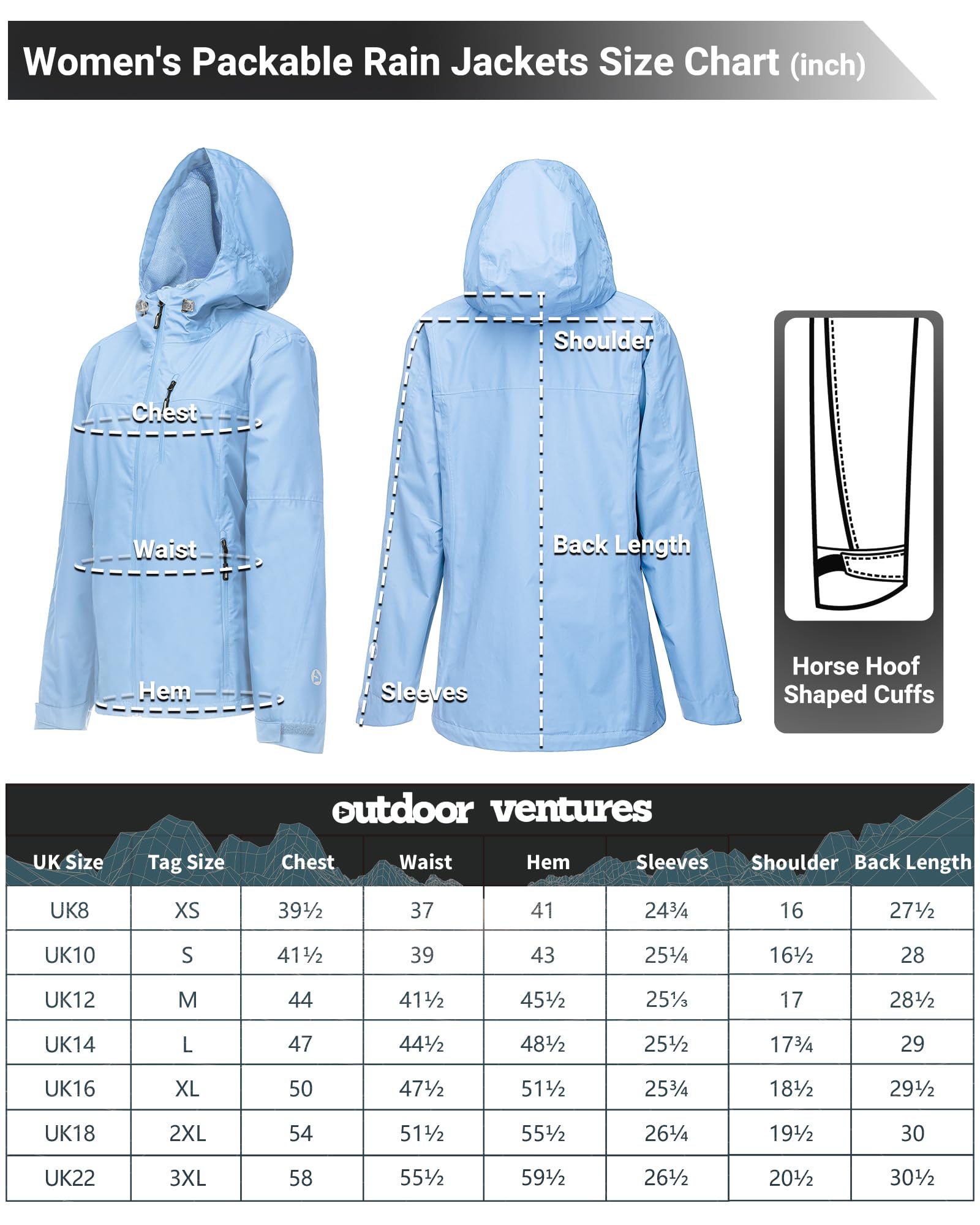 Outdoor Ventures Veste imperméable pour femme - Légère - Coupe-vent - Pliable - Veste de pluie pour l'extérieur, la course à pied, le golf, le cyclisme - Veste softshell avec capuche