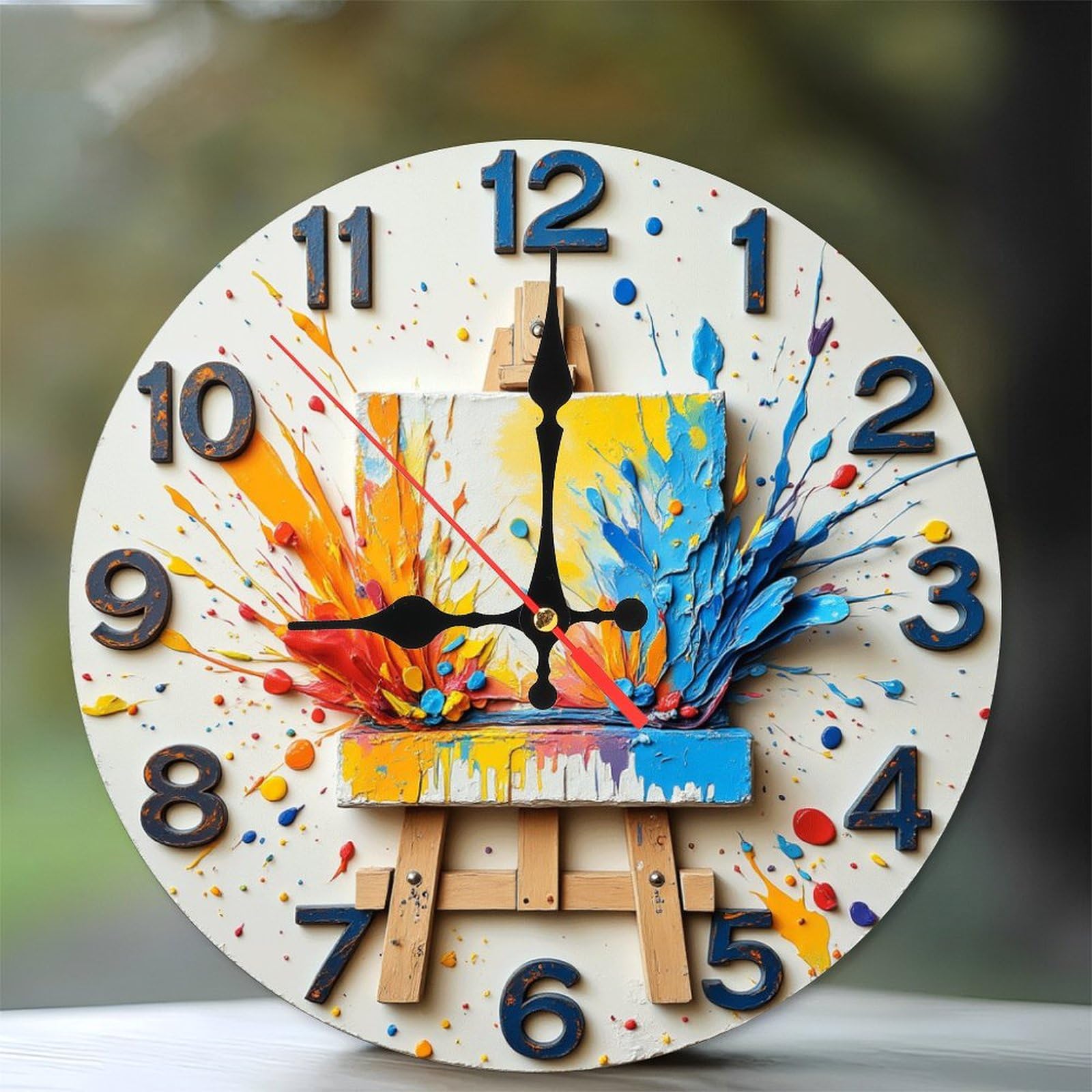 Colorful Abstract Painting Easel Clock Wall Art Home Decor 10-Inch Wooden Wall Clock, Silent Movement, Battery Operated (AA Batteries Not Included),