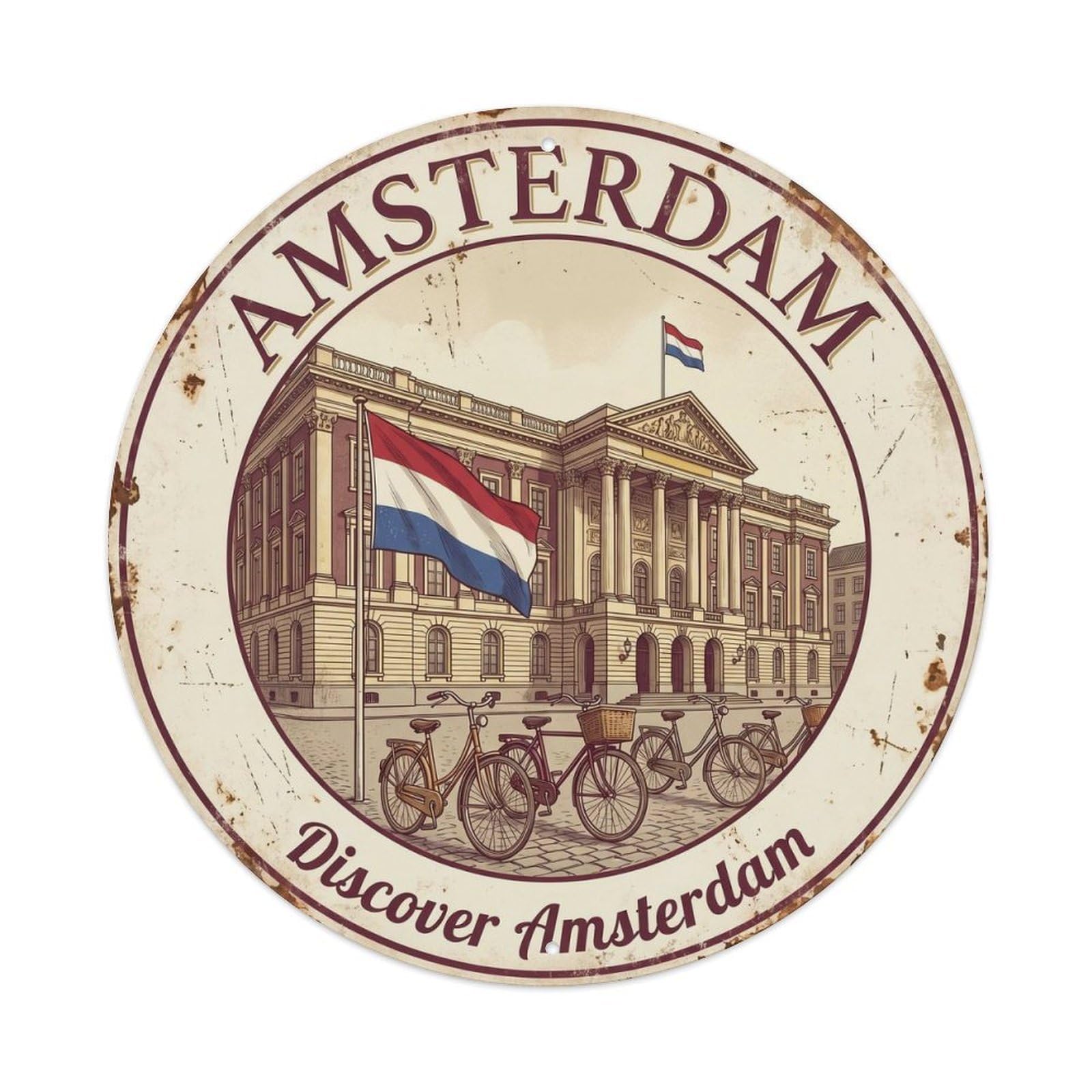 Amsterdam Royal Palace Vintage Dutch Travel Landmark Metal Tin Sign Plaque Wall Decor for Cafe, Man Cave, Club Bar, Office, Home Garden Round Metal Poster 8x8Inch