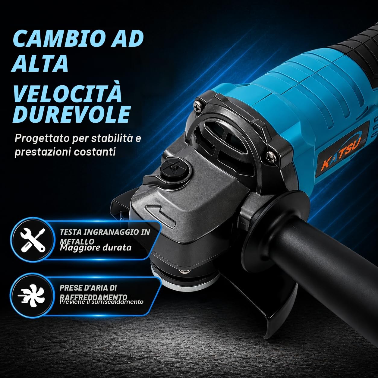 Smerigliatrice Angolare a Batteria Brushless 21V KATSU FIT-BAT, 115mm con Motore Brushless per Taglio Lucidatura Smerigliatura, 3 Velocità, Batterie non Incluse (solo Macchina) 102606