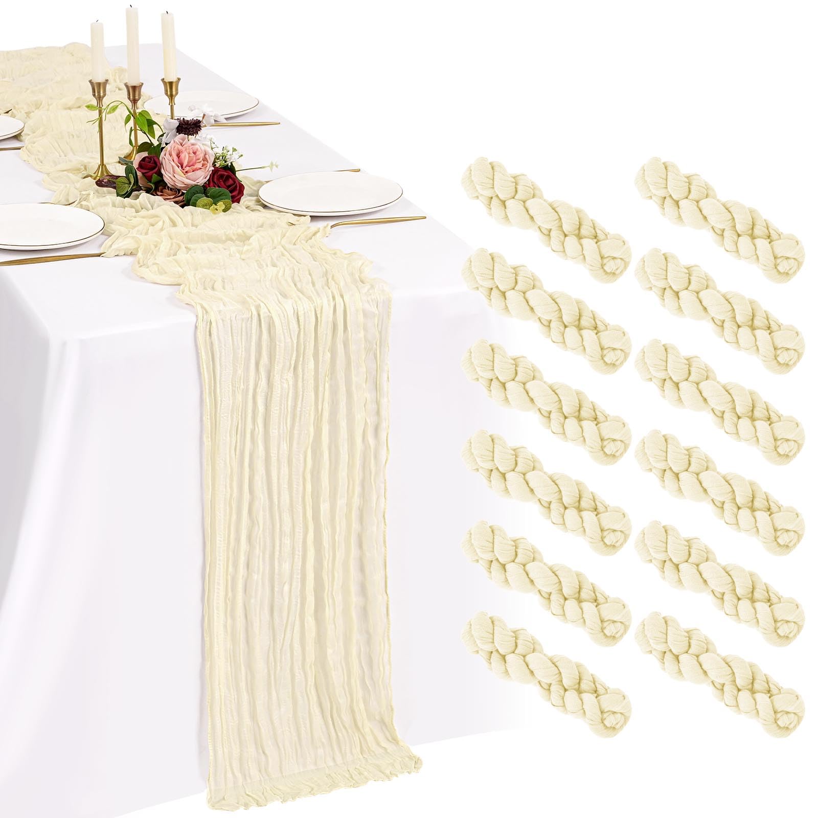 Showgeous 12 Pack Beige Cheesecloth Table Runner 10FT Boho Gauze Cheese Cloth Table Runners Romantic Rustic Sheer Table Decorations for Wedding Party Baby Shower Birthday Holiday Home
