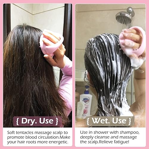 Miniatura 4 de Foladion Masajeador manual de silicona para el cuero cabelludo, exfoliante impermeable, cepillo suave y suave para hombres, mujeres y niños (rosa