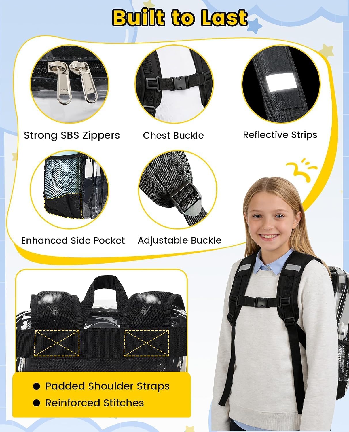 Vorspack Clear Backpack Heavy Duty, Large Multi-pockets Clear Bookbag image 4