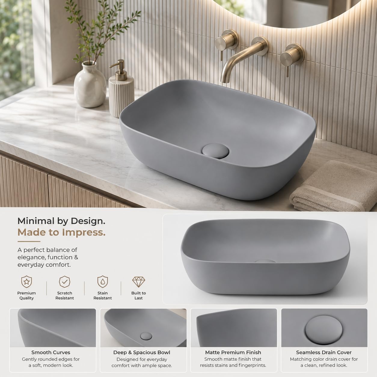 REMANENCE Premium Designer Matte Finish Table Top Ceramic Wash Basin/Vessel Sink with Slim Rim for Bathroom (18 x 13 x 5.5 Inch) (Matte Grey) 4