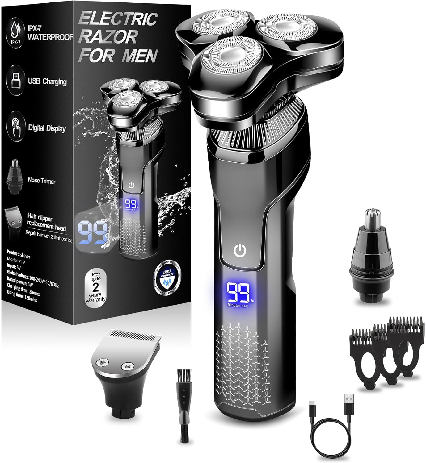 Men's Electric Razor, Upgraded 4D Floating Magnetic Blade Head Rotary Shaver, 3-in-1 Multifunctional for Beard/Nose/Sideburns, IPX7 Waterproof Rechargeable Cordless Shaver, Turbo Speed, Gift for Men
