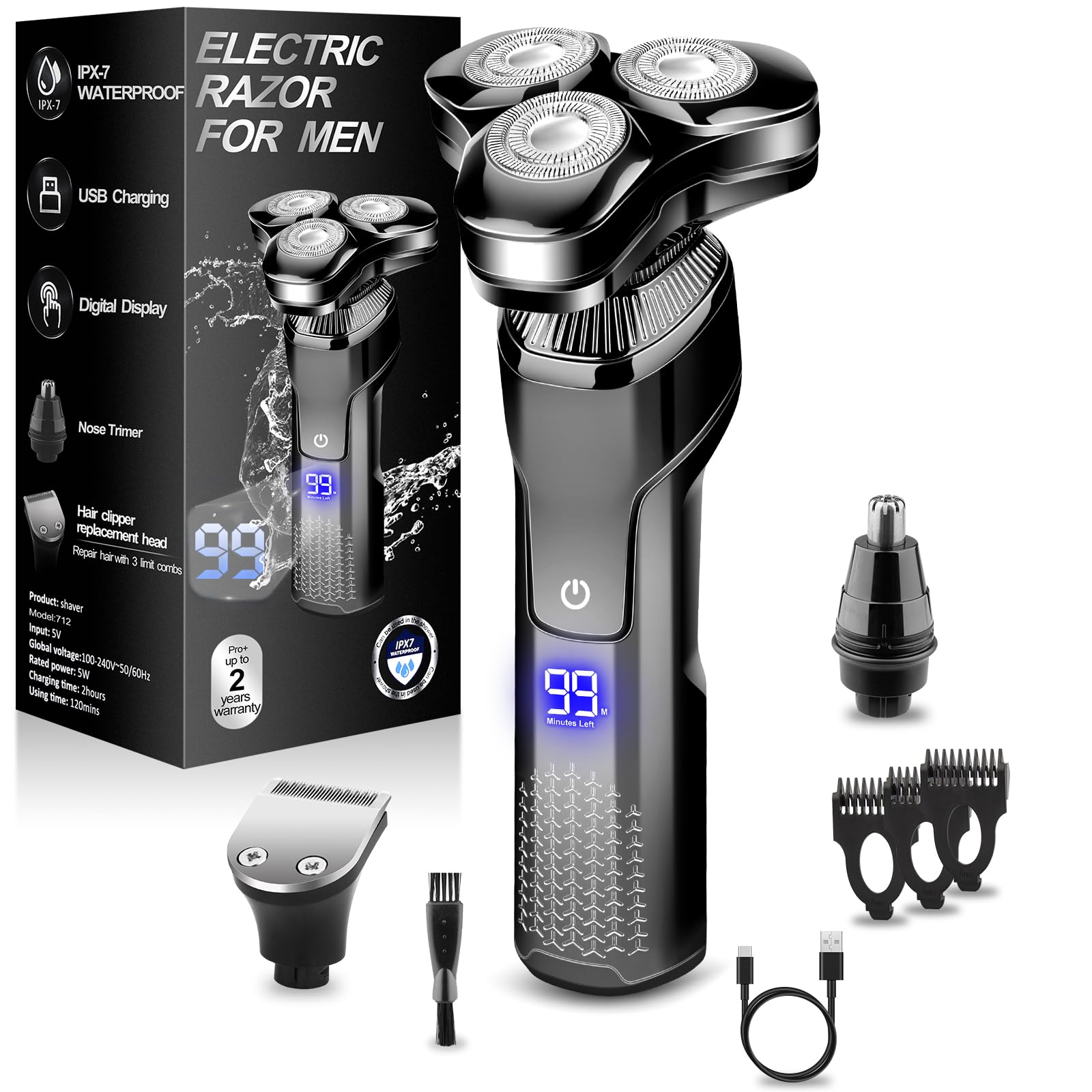 Mens Electric Razor Upgraded 4D Floating Magnetic Blade Head Rotary Shaver 3-in-1 Multifunctional for Beard Nose Sideburns IPX7