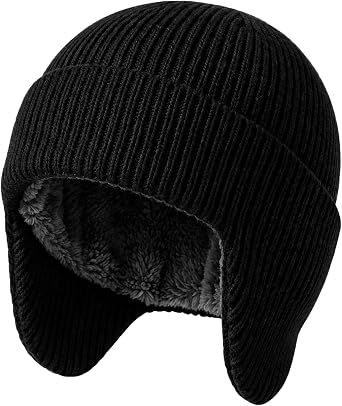 Mens Beanie Hat with Earflaps, Winter Hat with Fleece Lining, Thermal Beanie for Walking, Hiking and Skiing, Gift for Dad Grandad Husband Black