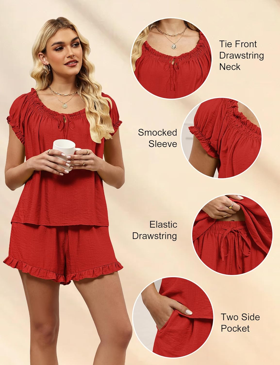 LOMON Womens Pajama Set 2 Piece Smocked Sleeve Top and Ruffle Shorts with Pocket Sleepwear Bridal Pj Sets for Party - Image 4